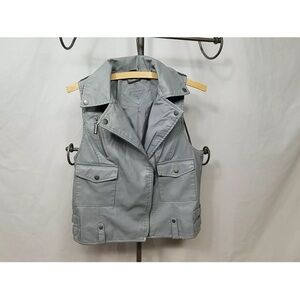 Jou Jou Vest Women Med Gray Faux Leather Collared Zip-Up Waist Buckles 80's Look